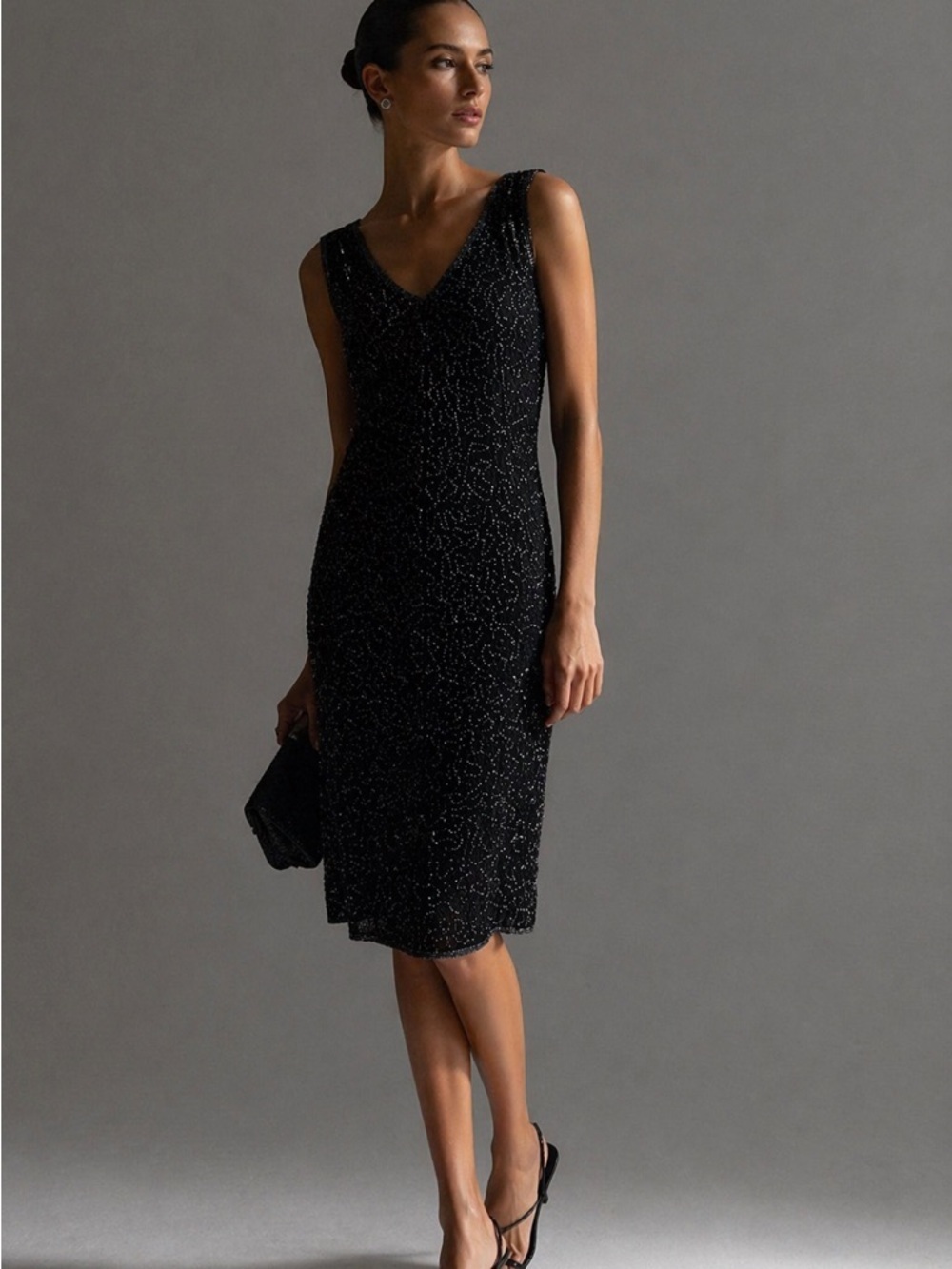 JMD New York Black Beaded Silk Dress Petite Large Evening Cocktail